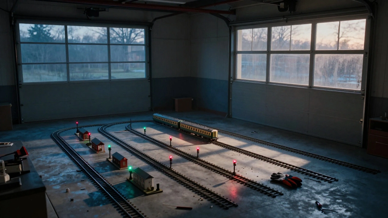 A detailed model train layout in a dim garage at dawn, with tiny lights and miniature buildings.