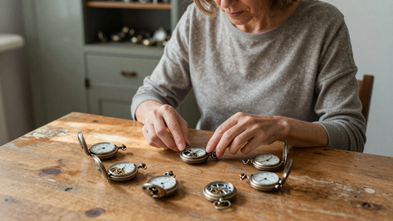 A woman surrounded by 87 broken pocket watches, hands hovering above them in silent contemplation.
