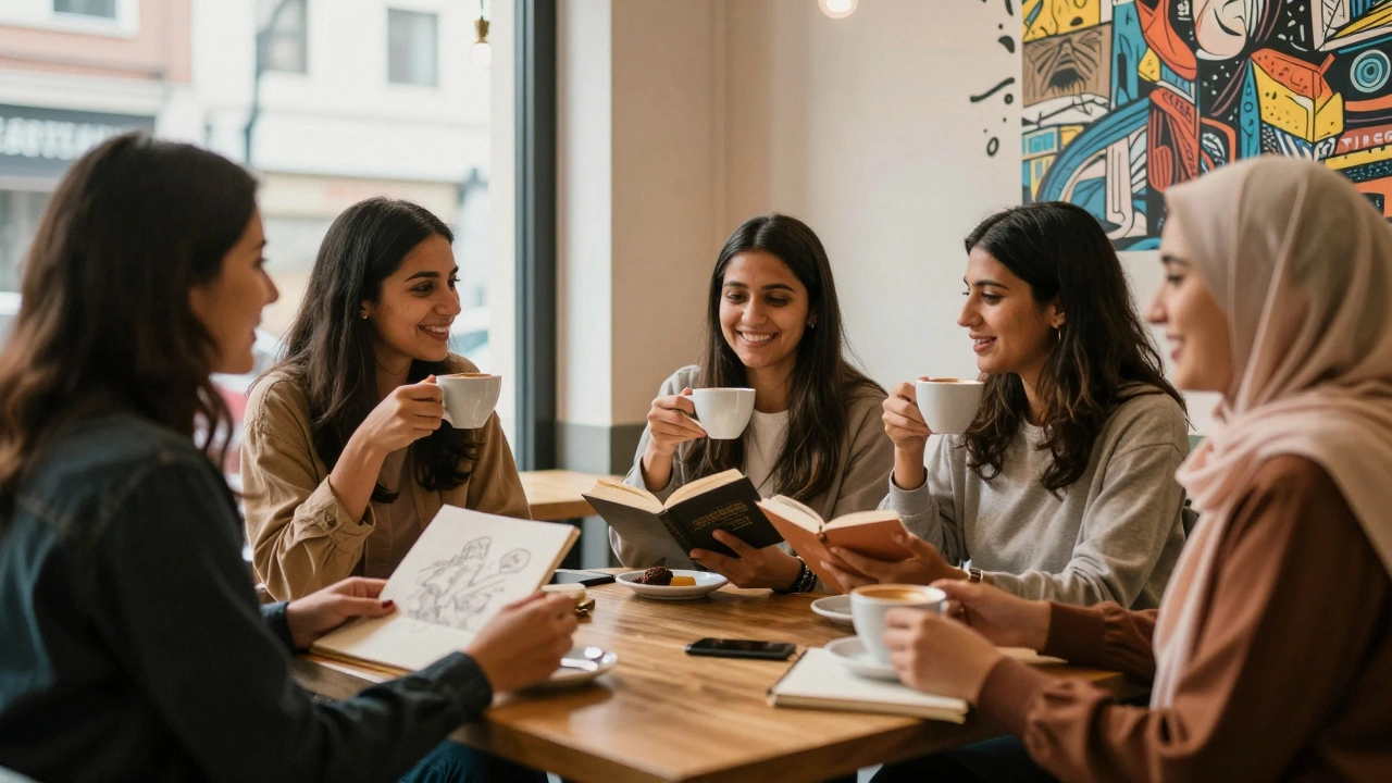 Diverse women relaxing at a café in Alserkal Avenue, sharing stories with books and sketchbooks nearby.